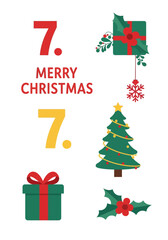 Festive Christmas Illustration with Number Seven Gifts Tree and Holly.
