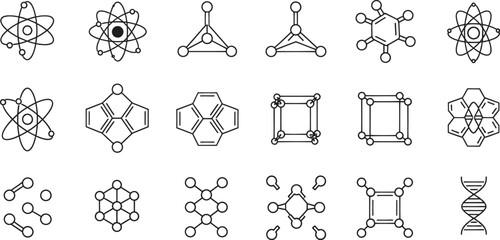 Collection of various atom and molecule structure outline vector icons