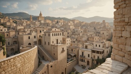 Ancient hillside town with tightly packed stone buildings under soft sunlight and mountainous