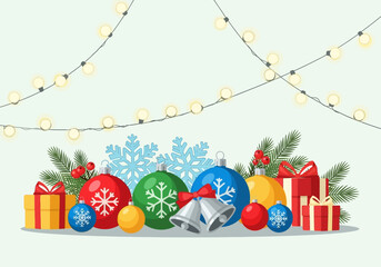 Festive Christmas Ornament Arrangement with Gifts and Lights.