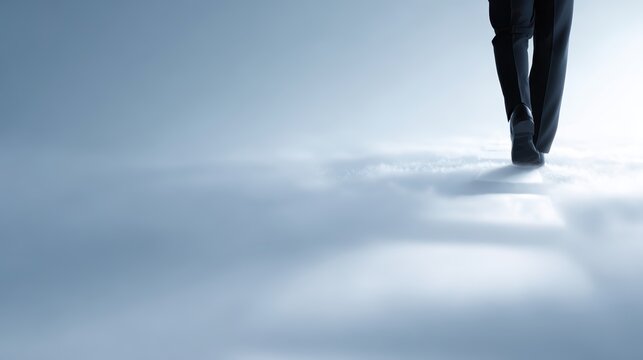 Businessman stepping on clouds toward sky, symbolizing next steps, business ambition, and success strategy