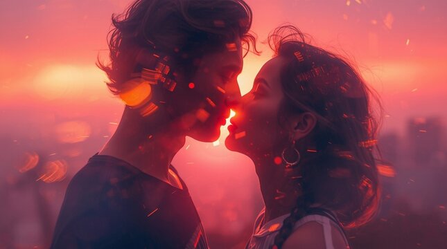 Romantic couple silhouette in love at sunset with glowing light and cinematic atmosphere, emotional intimate moment, passion, tenderness, and modern dreamy portrait of two lovers. - Powered by Adobe