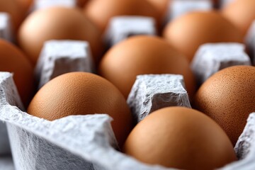 Close-up arton containing several brown eggs arranged neatly. The natural texture and smooth surface of the eggs are prominent, creating a warm and inviting freshness culinary or grocery purposes.