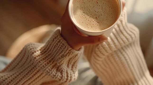Cozy coffee moment: A comforting close-up captures a person's hands delicately holding a warm cup of coffee, the creamy foam glistening invitingly.