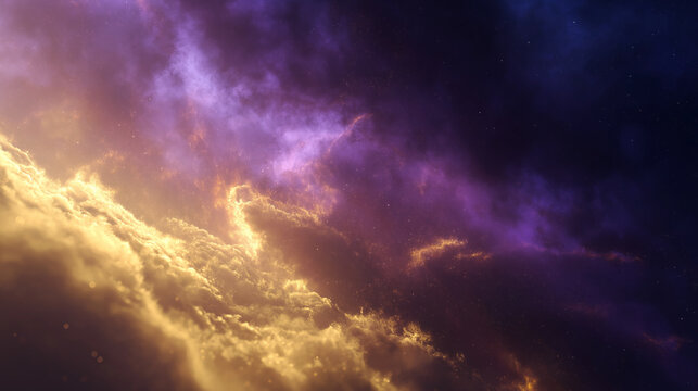 Abstract cosmic dust cloud with glowing purple and gold tones, space-inspired nebula, depth of field, cinematic light rays.