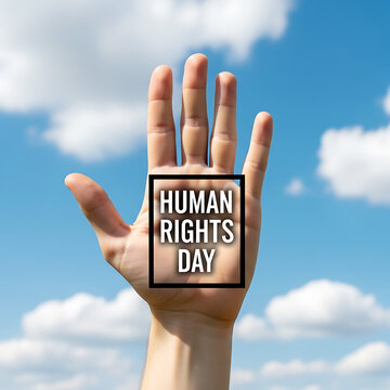 Hand raised with Human Rights Day message raised hand