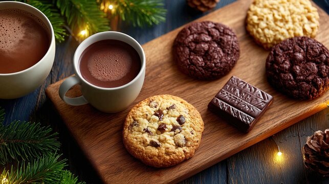 A cozy holiday table featuring an assortment of cookies and hot chocolate. The wooden board is adorned with chocolate chip and chocolate cookies, surrounded by festive greenery and warm lights.