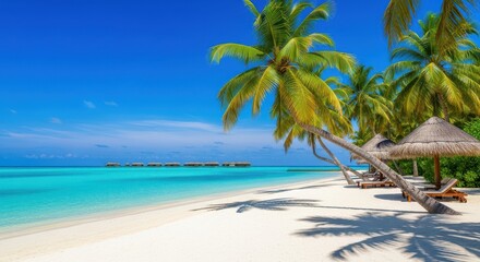 Fototapeta premium Idyllic tropical beach scene with vibrant turquoise water, white sand, and lush green palm trees leaning over the shore, with thatched umbrellas and lounge chairs inviting relaxation