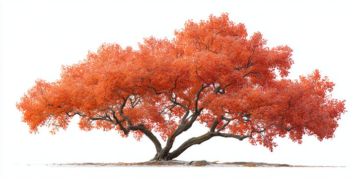 A vibrant autumn maple tree with orange and red leaves, isolated on a white background.