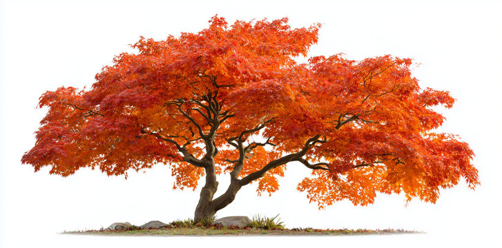 A vibrant autumn maple tree with orange and red leaves, isolated on a white background.