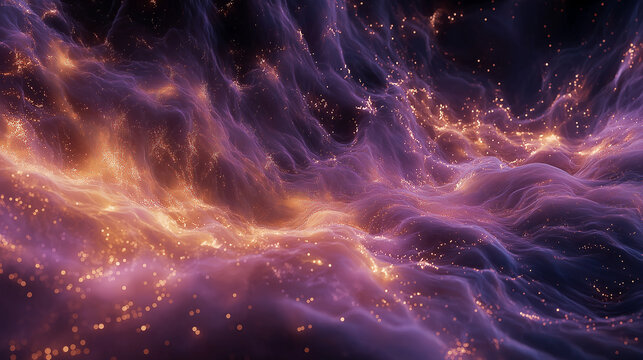 Abstract cosmic explosion of radiant energy, glowing nebula in space, vibrant purple and orange hues, light particles, detailed cosmic texture
