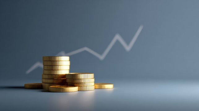 Business finance illustration with currency, gold coins, and 3D success graph indicating increase and strategy