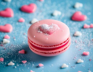 a delicate pink macaron with a sweet heart shaped decoration resting on a light blue surface adorned with pastel sprinkles and powdered sugar