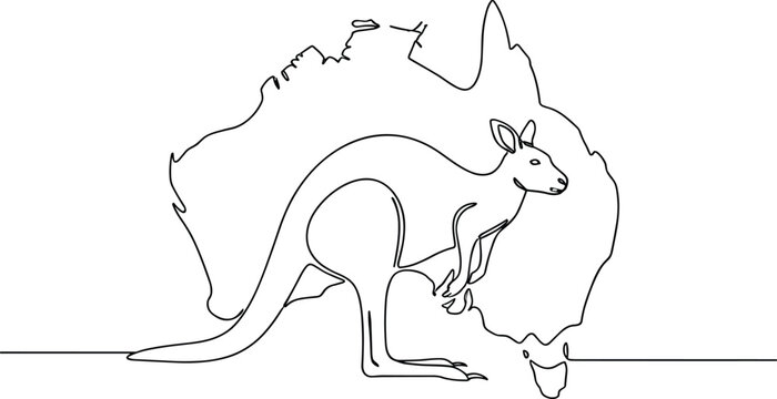 Minimalist kangaroo and Australia map line illustration—continuous stroke wildlife and geography graphic for national identity and design assets