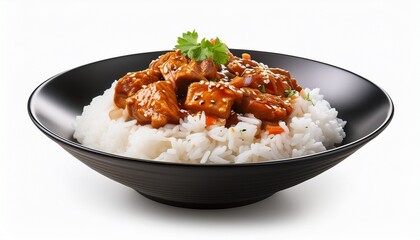 bowl with rice and meat isolated on white background
