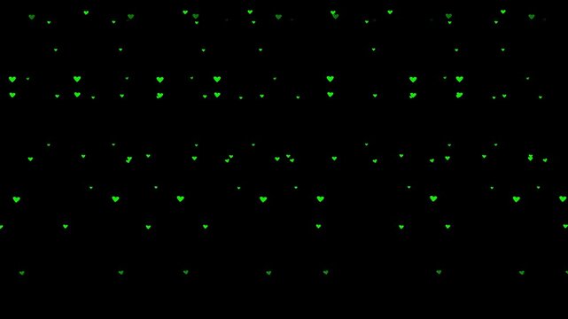 Romantic green hearts falling on black background, drooping heart particles, green hearts particles rain, hearts float effect animation, shining hearts animation, black background, 2d falling hearts