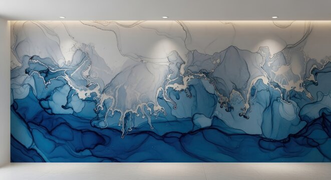 A blue and white abstract mural with flowing, fluid patterns on a white wall.