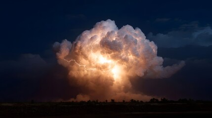 A brilliant lightning bolt illuminates a colossal brightly lit storm cloud formation against the dark night sky with a subtle distant landscape
