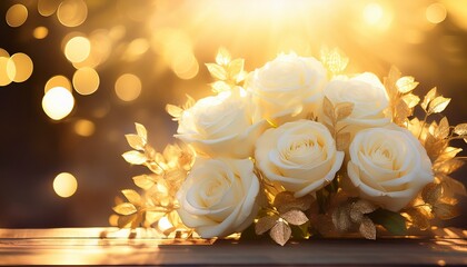 a delicate bouquet of creamy white roses glistens under soft golden light