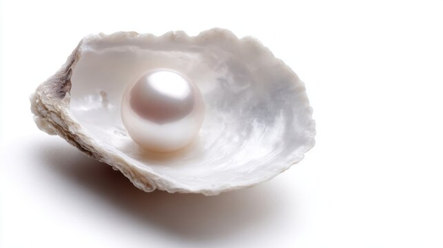 Elegant natural pearl with nacre detail in oyster shell, isolated on white, luxury and wealth concept