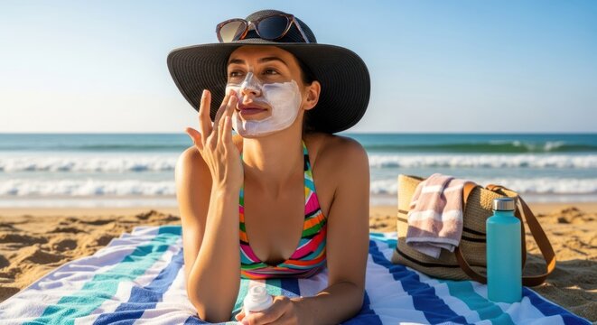 A woman in a hat and sunglasses applying sunscreen on her face while sitting on a beach towel with a water bottle and towel nearby.