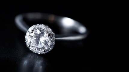 Luxury engagement diamond ring, macro shot on black background highlighting sparkle and craftsmanship