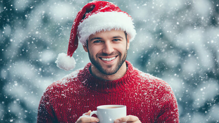 Handsome man wearing Santa hat and red sweater, holding mug of hot cocoa, snow background, Canon EOS R5, portrait shot