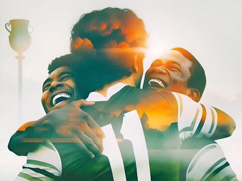 Three jubilant black men celebrating a victory with an embrace outdoors  