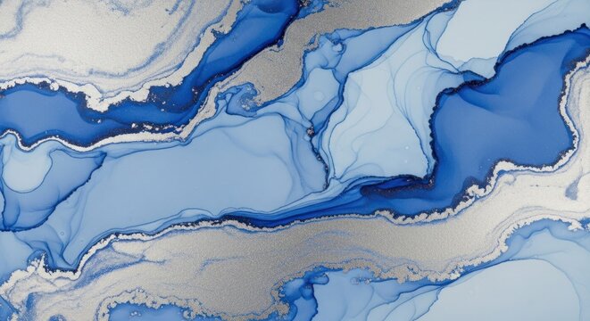 Abstract blue and silver fluid art painting with flowing waves and streaks.