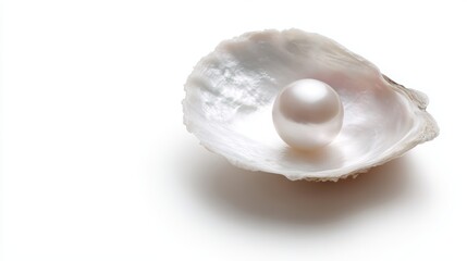 Single pearl with mother-of-pearl shell, isolated on white background, symbolizing wealth and elegance