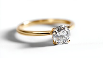 Engagement ring featuring brilliant-cut diamond in yellow gold band, isolated on white backdrop