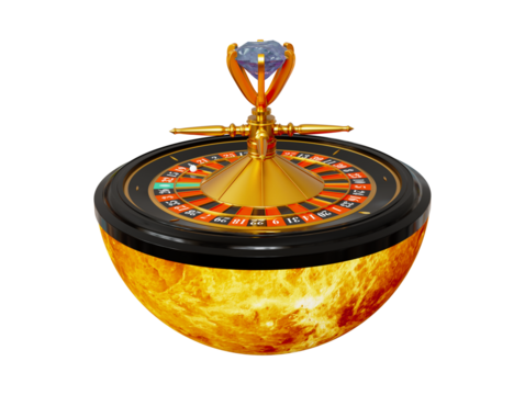 Golden roulette wheel isolated on white casino background