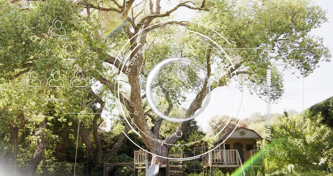 Oak receiving sunlight-triggered HUD scan, HUD rings rotating while icons forming playhouse map