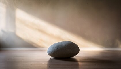 serene minimalist interior scene with single smooth stone on polished floor against textured wall