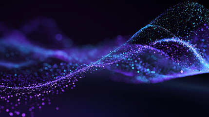 Dynamic digital waves made of glowing particles, blue and purple tones, smooth curve motion, tech-inspired design, depth of field.