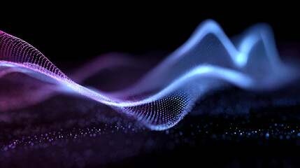 Dynamic digital waves made of glowing particles, blue and purple tones, smooth curve motion, tech-inspired design, depth of field.