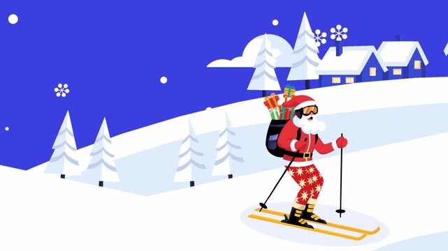 Santa Claus delivering gifts on skis. animated christmas motion graphic.