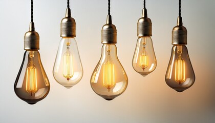 elegant warm glow modern edison style light bulbs hanging in a row against a bright minimalist white background perfect for interior design and innovation concepts