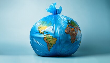 a bright blue garbage bag is shaped like a globe symbolizing the pressing issue of waste and pollution