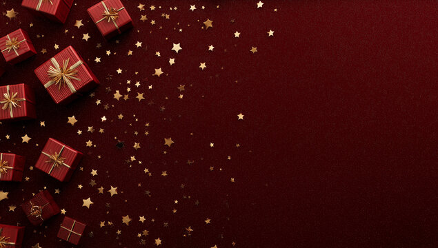 Red gift boxes with gold ribbons on a dark red background placed on the left side. A background for Christmas and new year Celebration poster Concept.