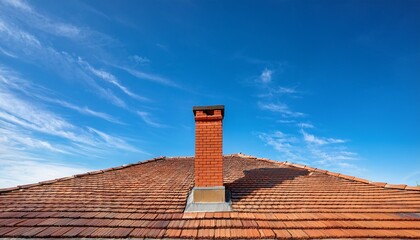 a classic brick chimney standing tall on a tiled roof under a bright blue sky symbolizing home comfort warmth and traditional architecture