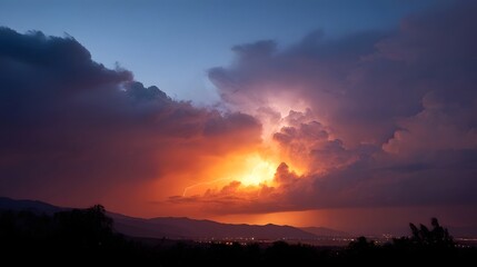 Dramatic lightning illuminates turbulent twilight clouds over a distant cityscape