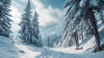Snow covered forest trail in winter mountains
- Powered by Adobe