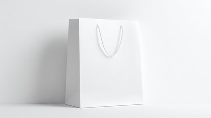 White blank flat-handle paper gift bag, 3D mockup, isolated with gusseted sides and eyelet handles, realistic template for design