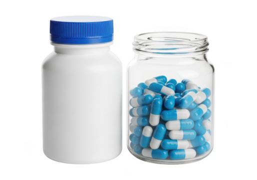 Blue and white capsule pills in jar with bottle concept