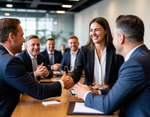 colleagues shaking hands at a meeting in the office while sitting at a table.