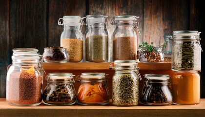 aromatic kitchen pantry filled with diverse spices grains and herbs in glass jars on wooden shelf