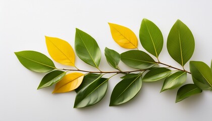 a sprig of vibrant green leaves with yellow highlights elegantly arranged against a clean white backdrop evokes a sense of natural serenity and simple beauty