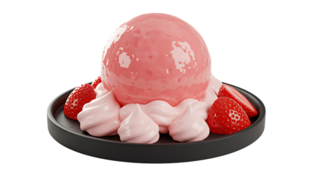 pink egg with strawberries and cream on black plate on transparent background