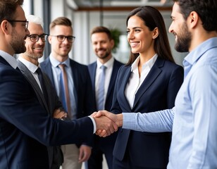 colleagues shaking hands at a meeting in the office.